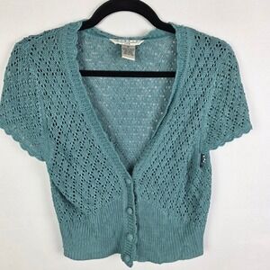 Studio JPR Teal Blue Open Knit Pointelle Cropped Cardigan Sweater Womens XL